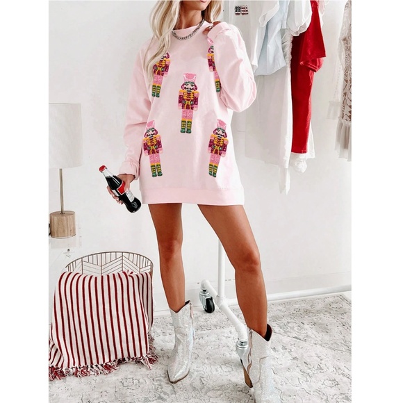Pink Sweatshirt Sequined Nutcracker Appliqué Christmas Holiday - Picture 3 of 12
